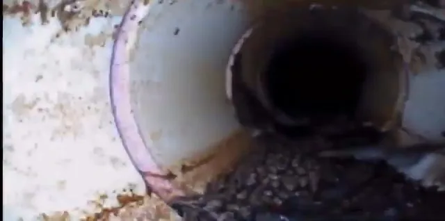 Camera view looking down a white pipe with a pink seam line and a dark run ahead