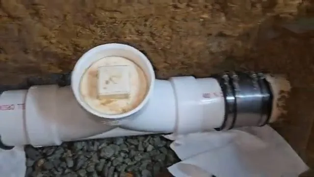 Capped white PVC cleanout fitting with a rubber coupling set in dark soil above a gravel bed