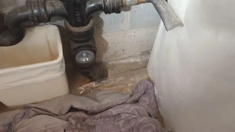 Black cast-iron drain pipes meeting at a floor opening with a cleanout plug beside a block wall