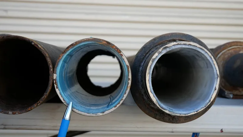 Cut ends of steel pipes lined side by side, one with a blue liner coating the inside wall