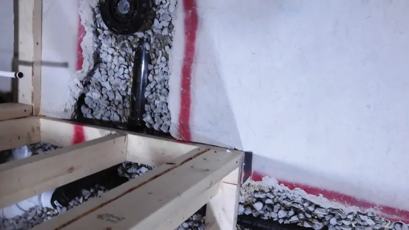Black drain pipe in a gravel bed beside wood framing and red marking lines on a white wall