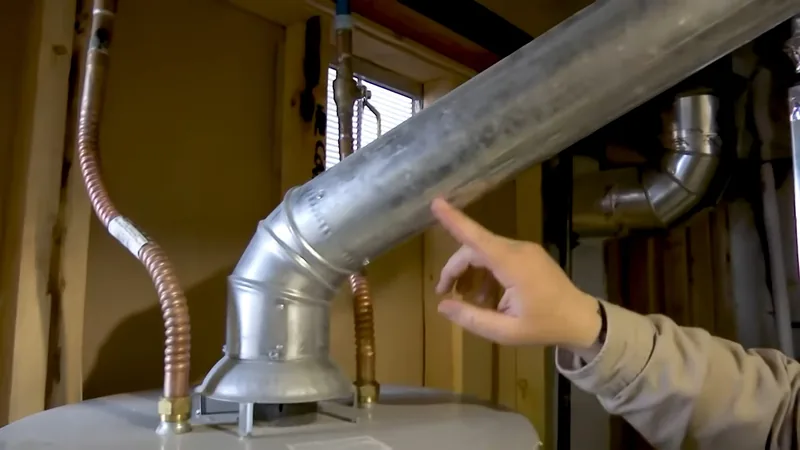 Hand pointing at a galvanized vent connector rising from the top of a gas water heater