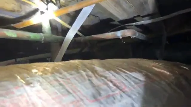Insulated pipes running through a dark crawl space lit by a flashlight beam