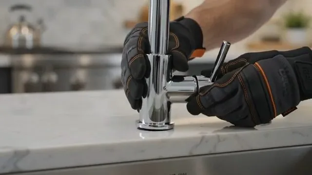 Gloved hands tightening a chrome kitchen faucet on a stone countertop
