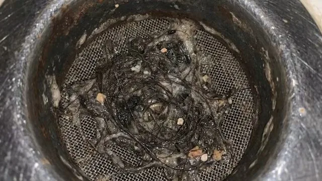 Dark tangle of hair and debris resting on a metal mesh basket inside a round drain