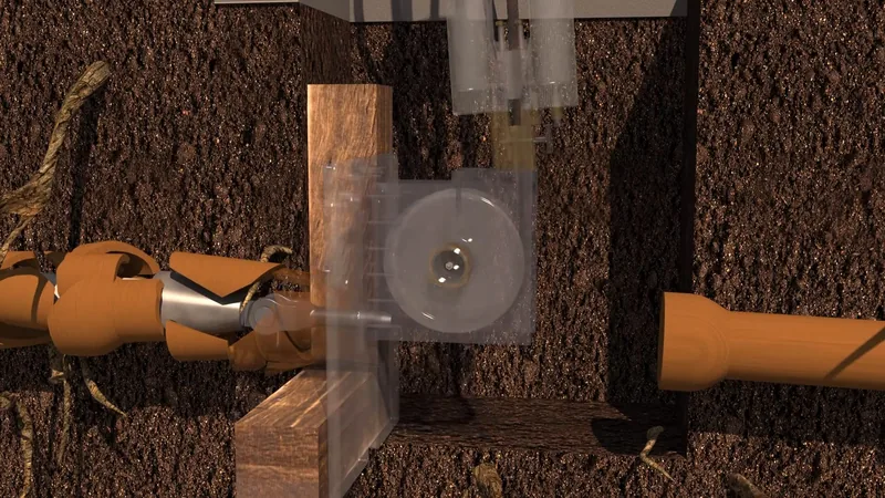 Illustration of an orange buried pipe with a cutaway showing a repair device and a camera inside