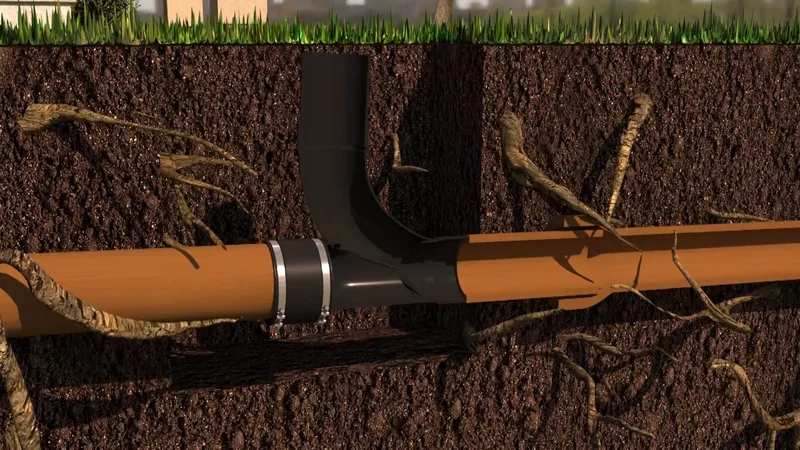 Illustration of a buried orange sewer pipe with a black fitting and tree roots reaching toward the joint