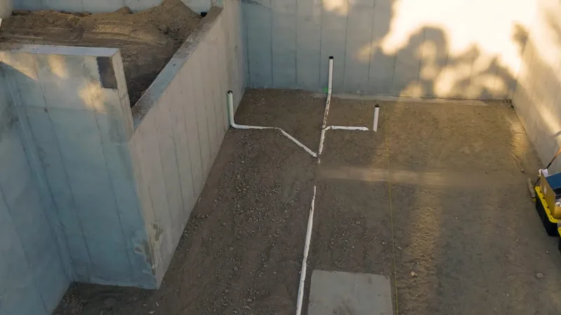 White drain pipes laid across gravel in a basement room with tiled walls