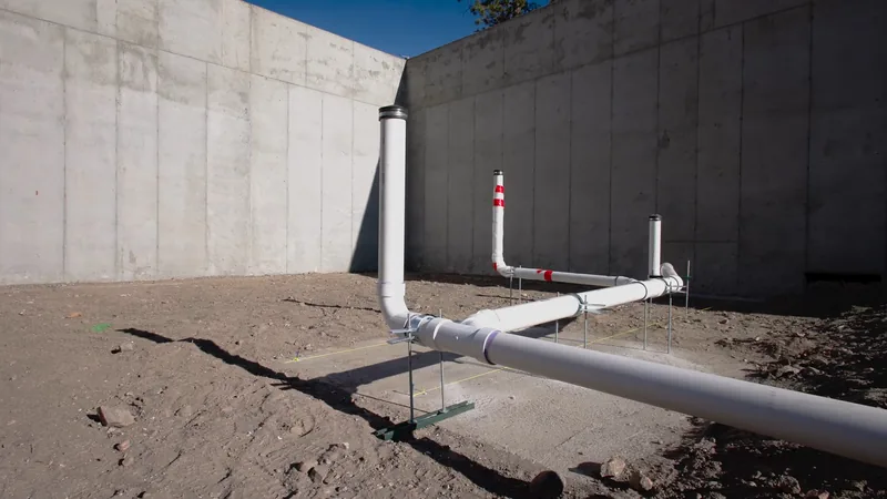 White PVC drain stubs and a long pipe run laid on bare soil against a tall concrete foundation wall
