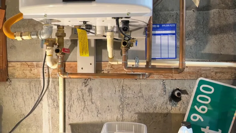 Tankless water heater from below showing a yellow gas line, copper pipes and service valves on a block wall