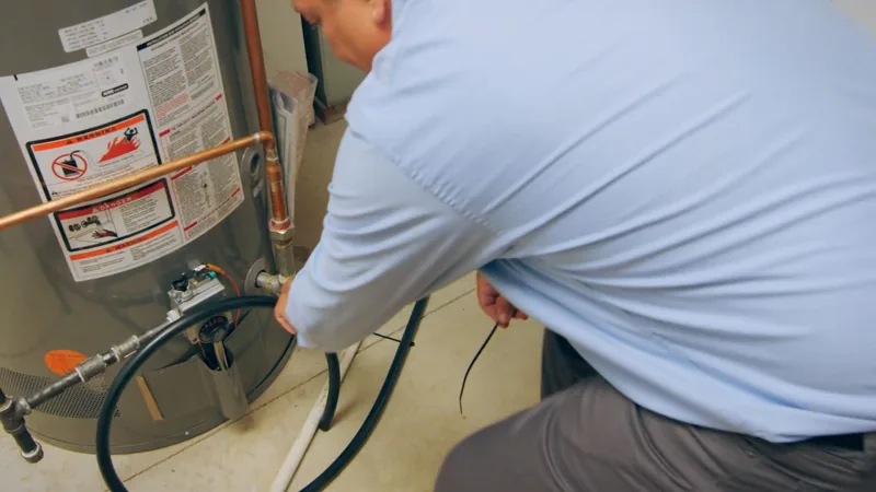 Man in a light blue shirt crouching at the base of a water heater with a hose attached to the drain valve