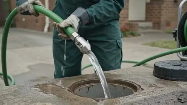 Technician in green coveralls holding a jetting nozzle as water pours into an open cleanout in a paved yard