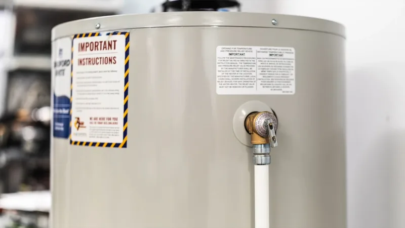 Brass relief valve with a white discharge pipe on the side of a gray water heater tank, warning label above