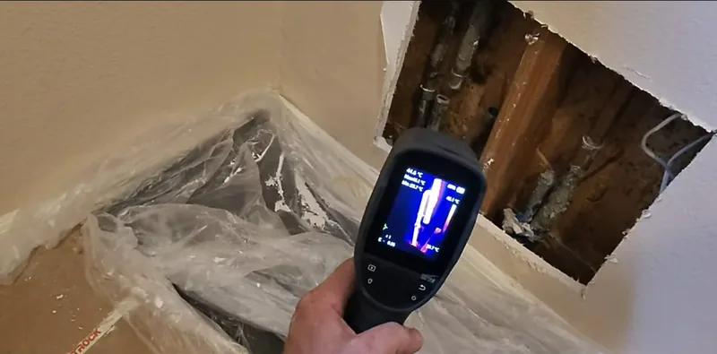Plumber holding a thermal camera toward a wall opening where pipes show inside the framing