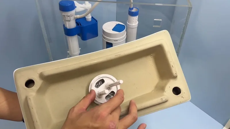 Hands holding a toilet tank lid next to a clear tank with blue fill and flush valves