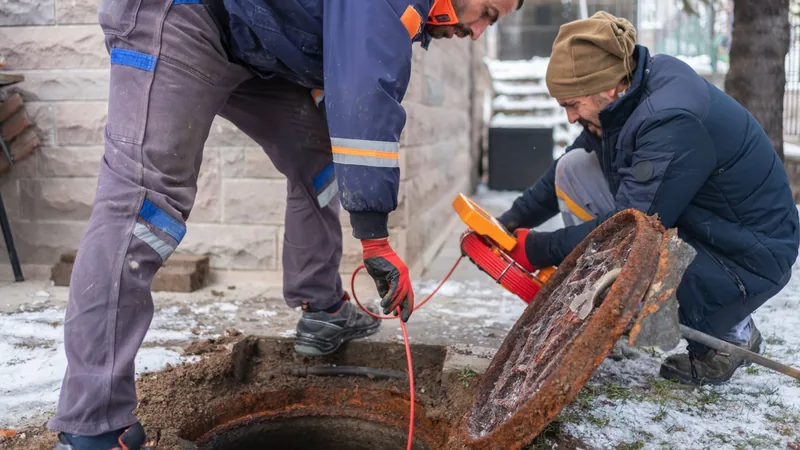 Two workers in winter clothing lifting a rusted manhole cover with a red camera reel on snowy ground