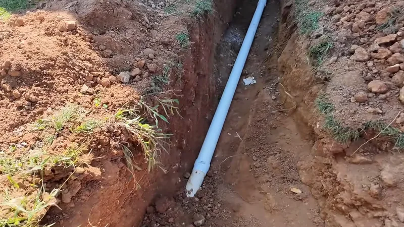 White drain pipe lying at the bottom of a narrow trench in red clay soil with grass along the edge