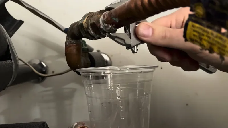 Hand holding a wrench on a brass fitting while a clear cup catches dripping water below